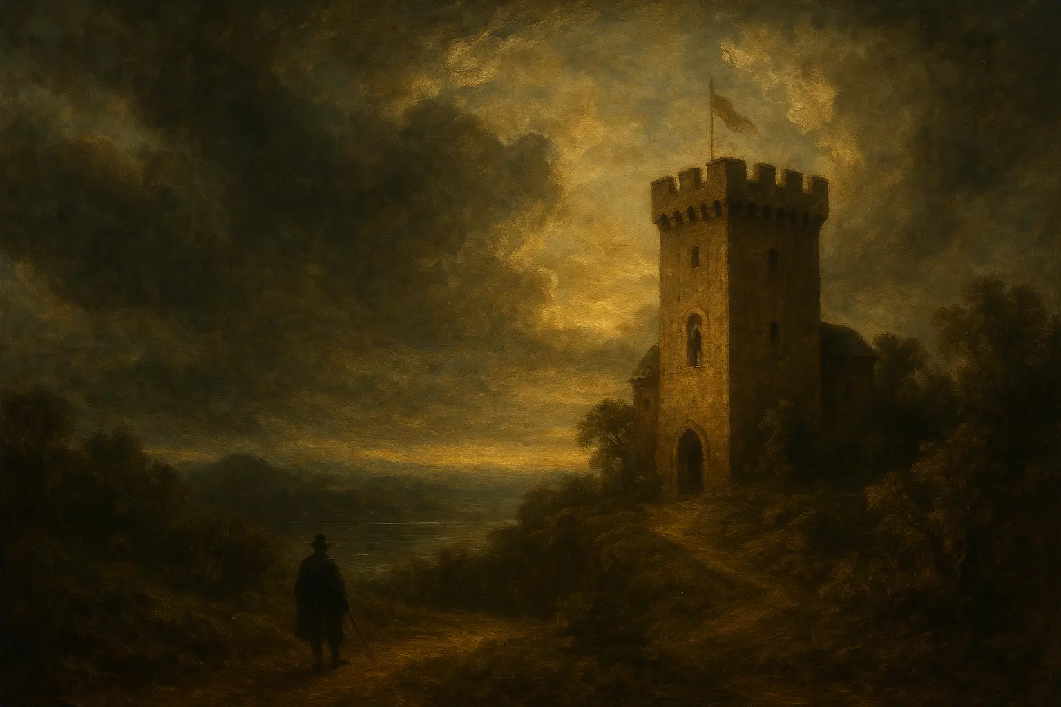 Oil painting in romantic style. A landscape with a castle.