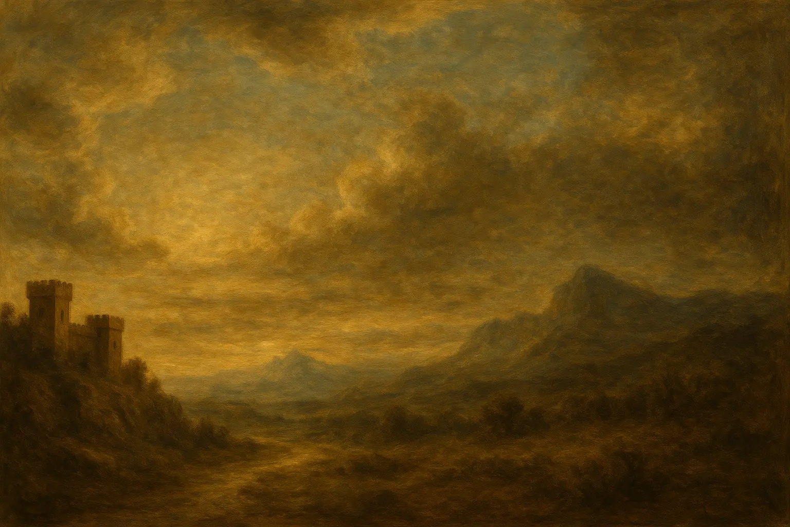 Oil painting in romantic style. A landscape with a river a castle, and a mountain.