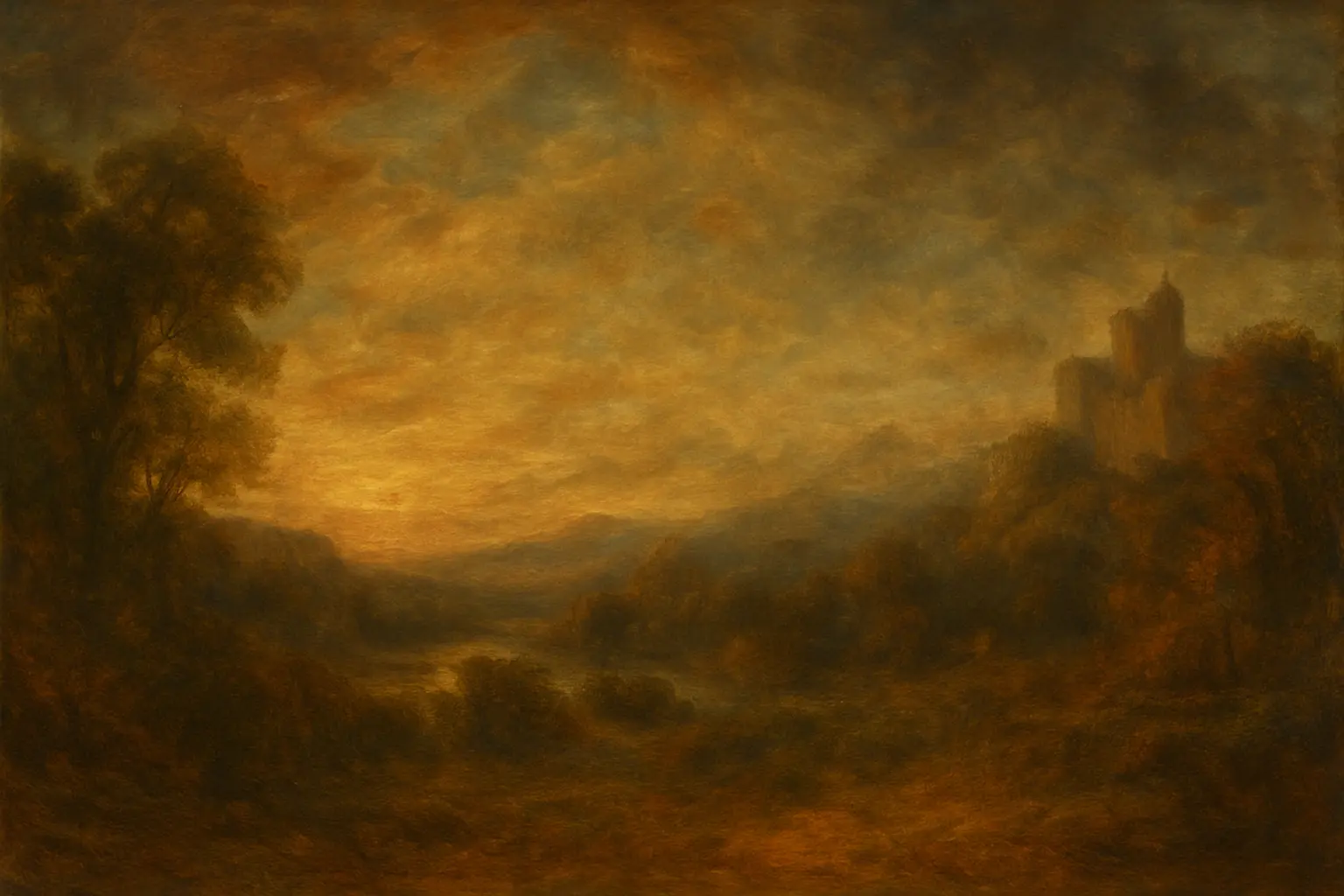 Oil painting in romantic style. A landscape with a castle.