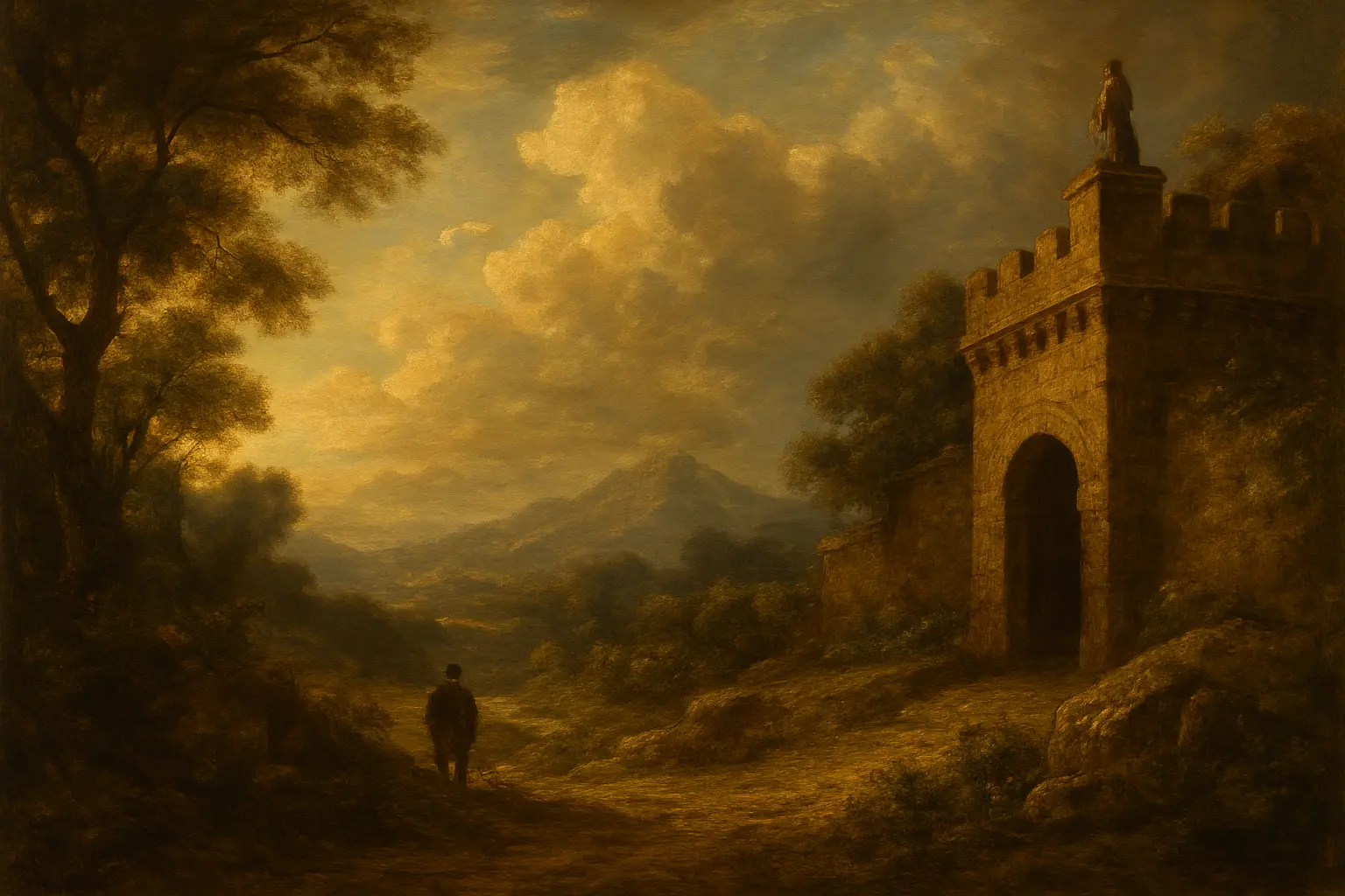 Oil painting in romantic style. A guard protecting a castle.