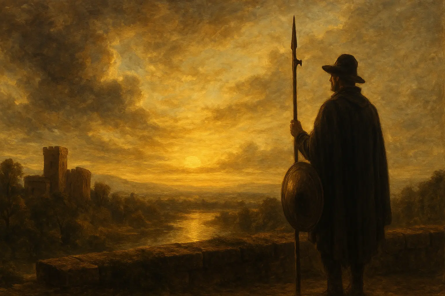 Oil painting in romantic style. A guard protecting a castle.