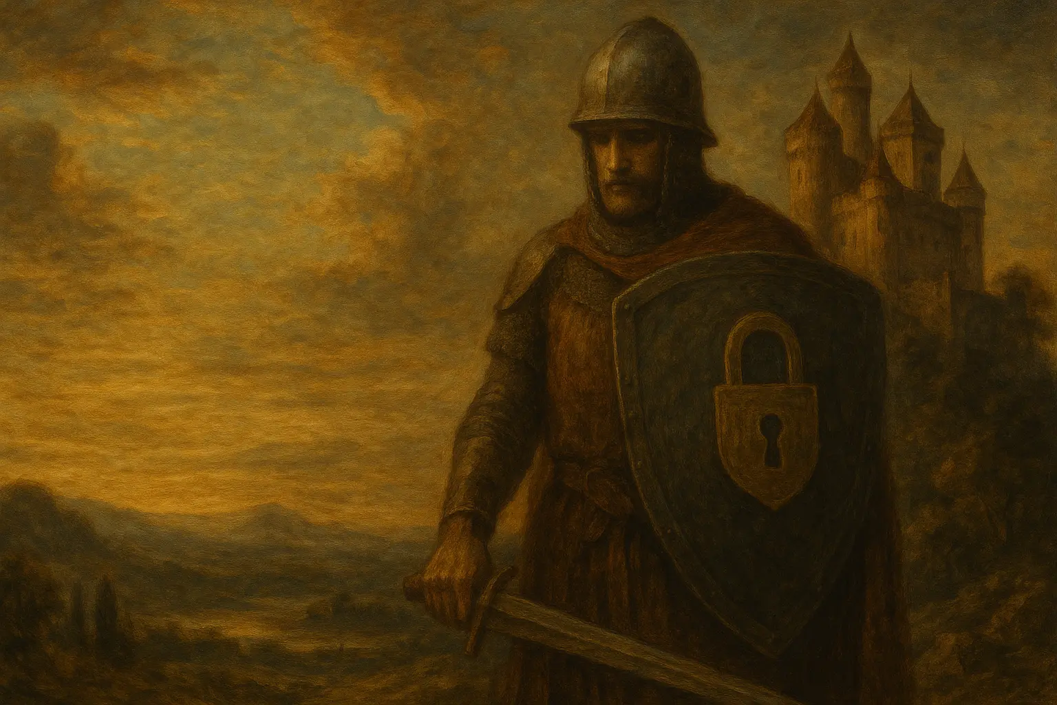 Oil painting in romantic style. Close up of a guard protecting a castle.