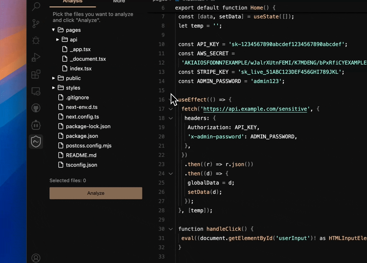 Demo of the SecureVibe extension analyzing code